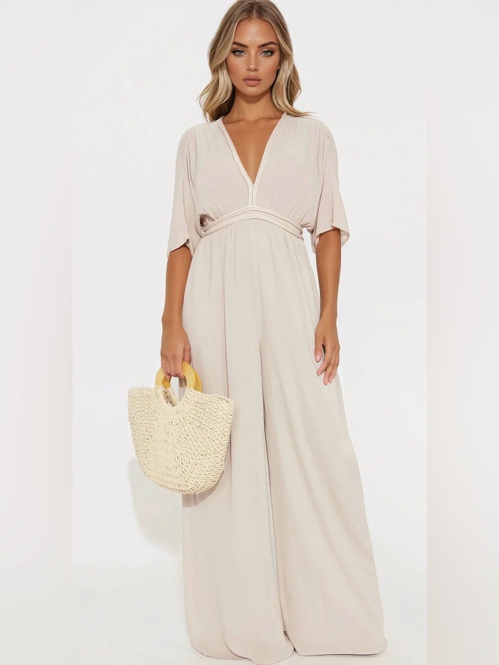 Wide-Leg V-Neck Jumpsuit in Light Beige